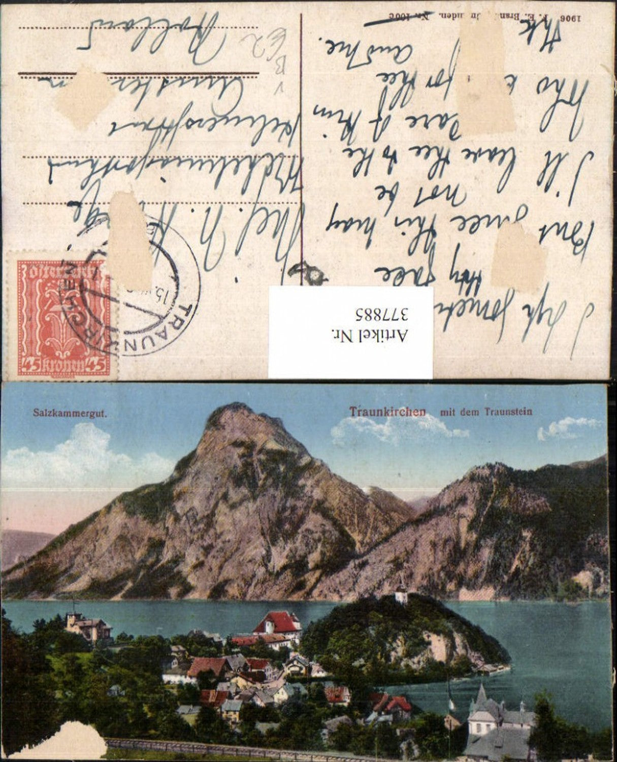 377885,Traunkirchen Totale m. Traunstein Bergkulisse pub F. E. Brandt 106c