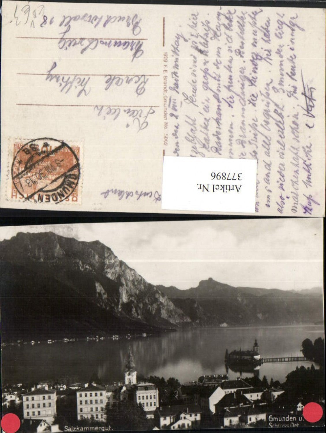 377896,Gmunden Teilansicht m. Schloss Ort Orth Bergkulisse pub F. E. Brandt 5002
