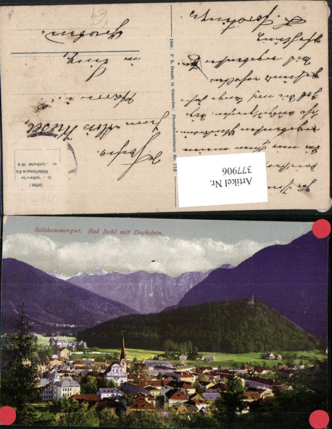 377906,Bad Ischl Totale m. Dachstein Bergkulisse pub F. E. Brandt 110