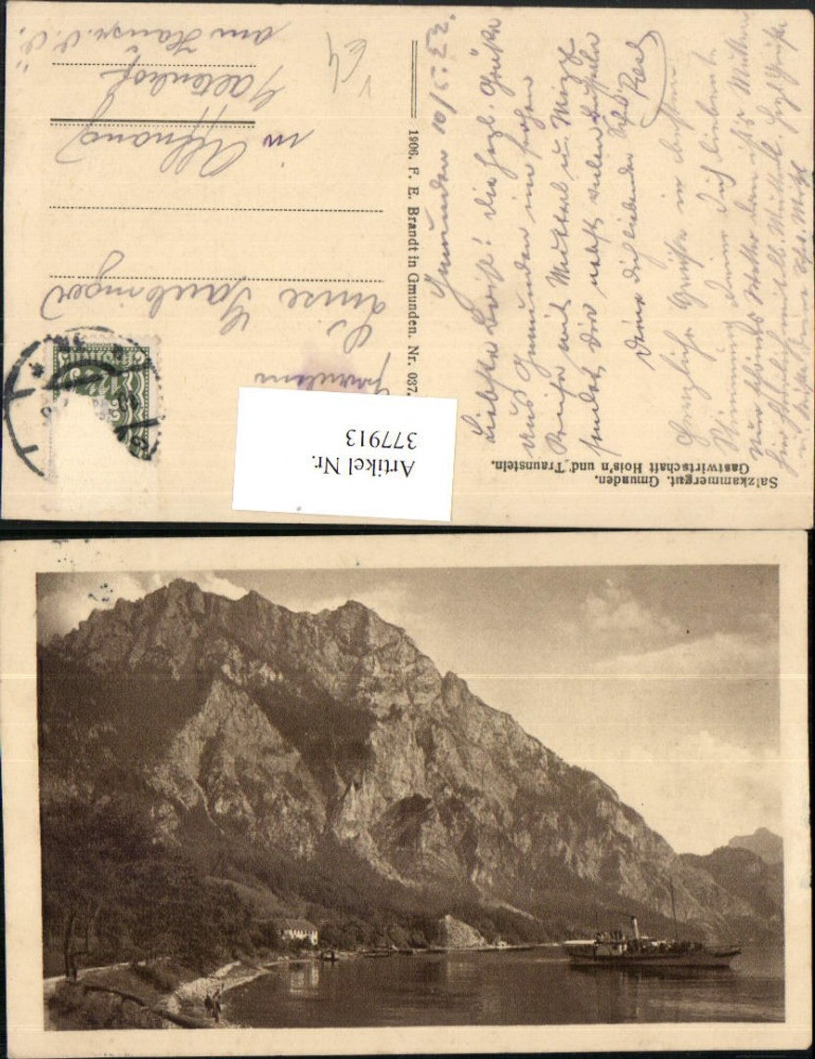 377913,Gmunden Gastwirtschaft Hoisn u. Traunstein Dampfer Bergkulisse pub F. E. Brandt 037