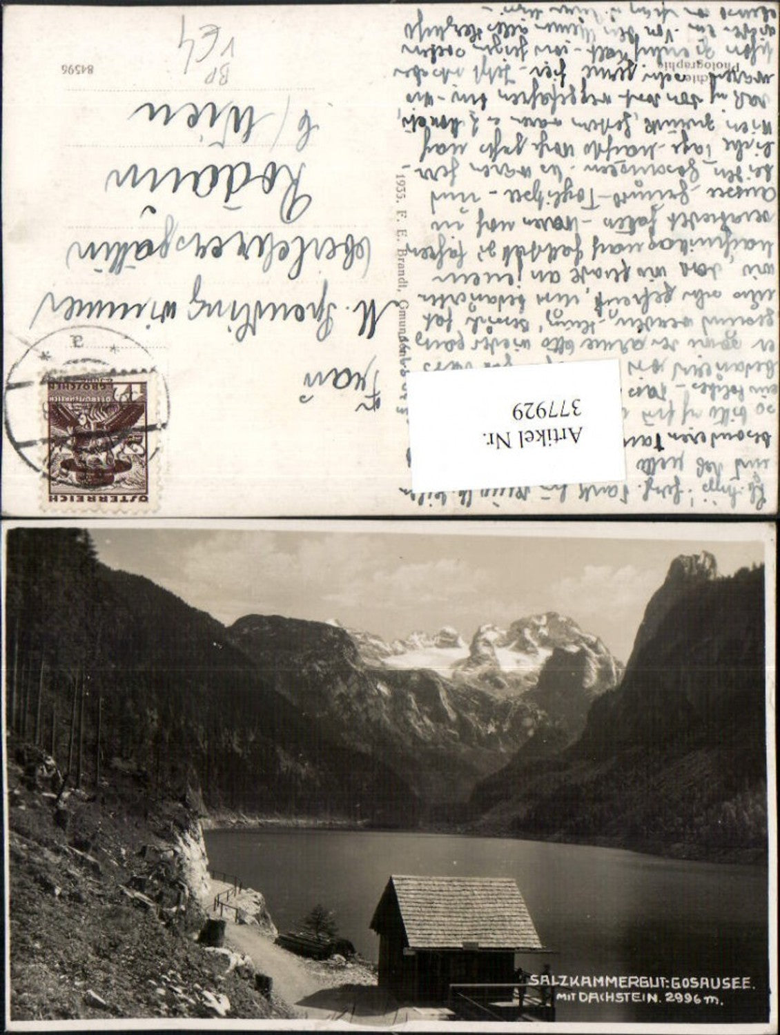 377929,Gosausee See b. Gosau m. Dachstein Bergkulisse Bahnpost pub F. E. Brandt