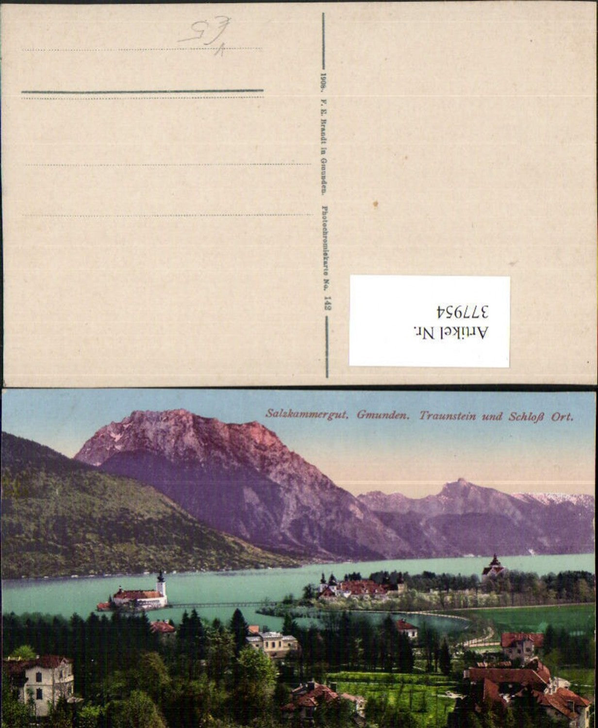 377954,Gmunden Teilansicht Schloss Ort Orth m. Traunstein Bergkulisse pub F. E. Brandt 142
