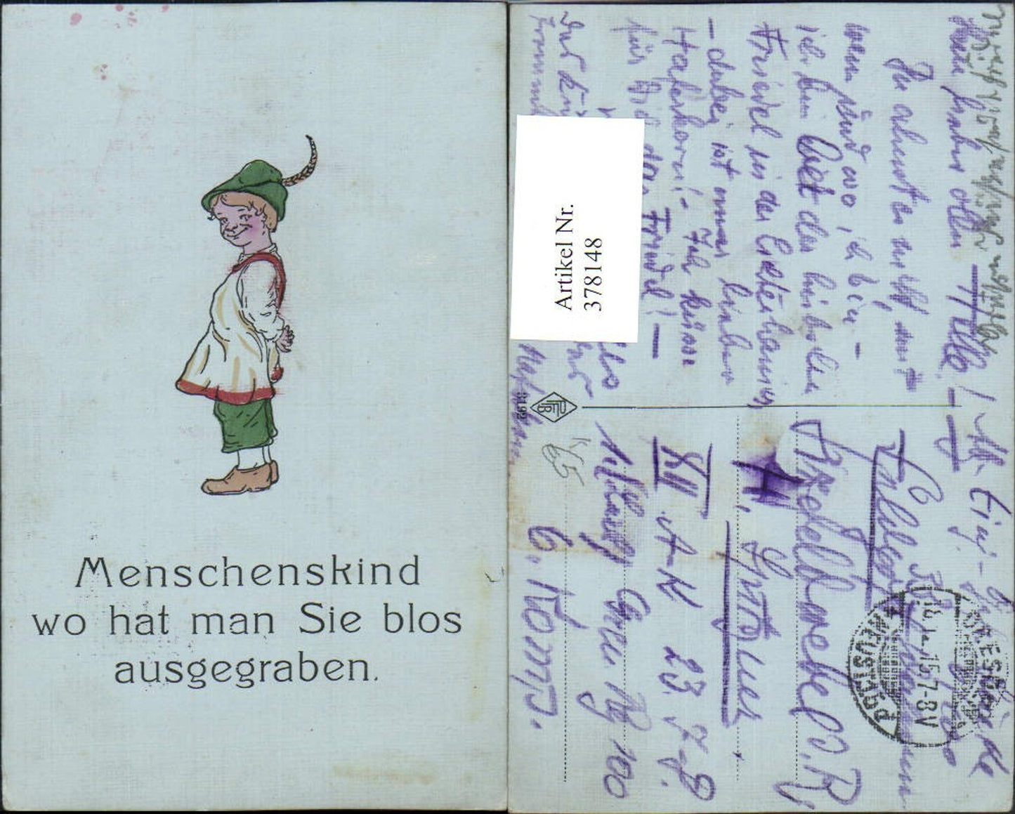 378148,Künstler AK Kind Junge Bub m. Federhut Spruch