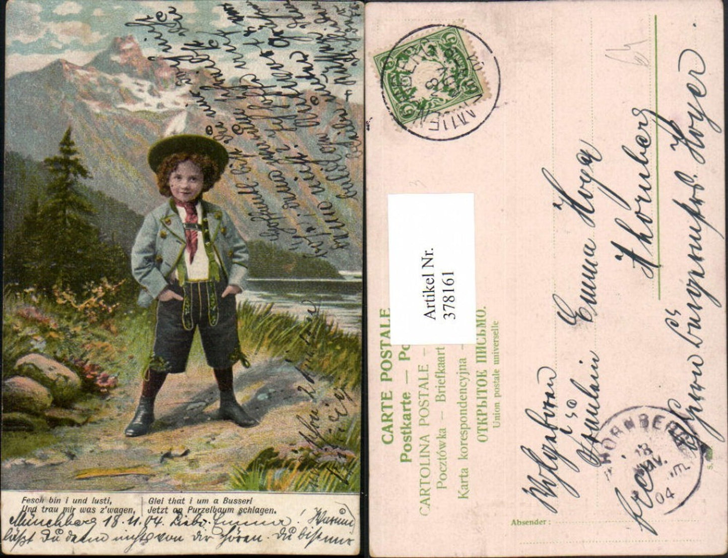 378161,Künstler AK Junge Bub in Tracht Hut Bergkulisse Spruch