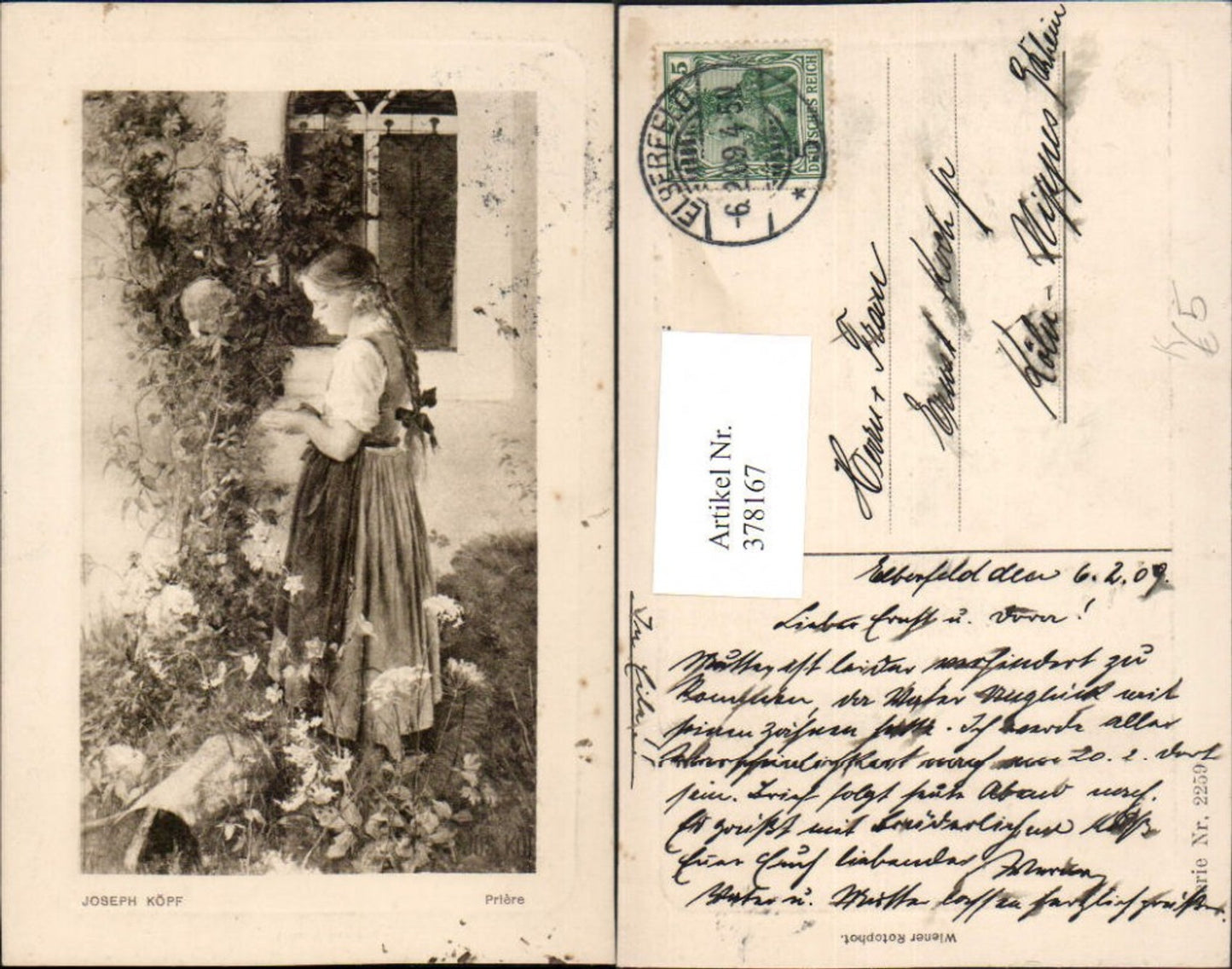 378167,Künstler AK Joseph Köpf Priere Mädchen m. Zöpfen Dirndl Tracht