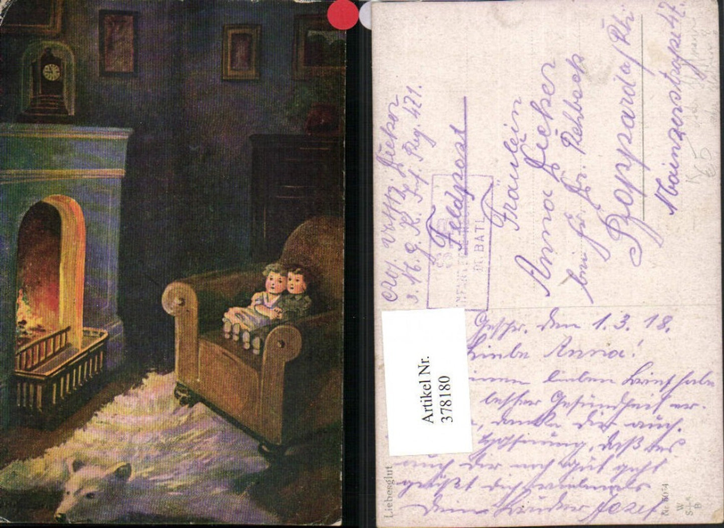 378180,Künstler AK Ad. Hoffmann Liebesglut Kinder Liebe Stuhl Kamin