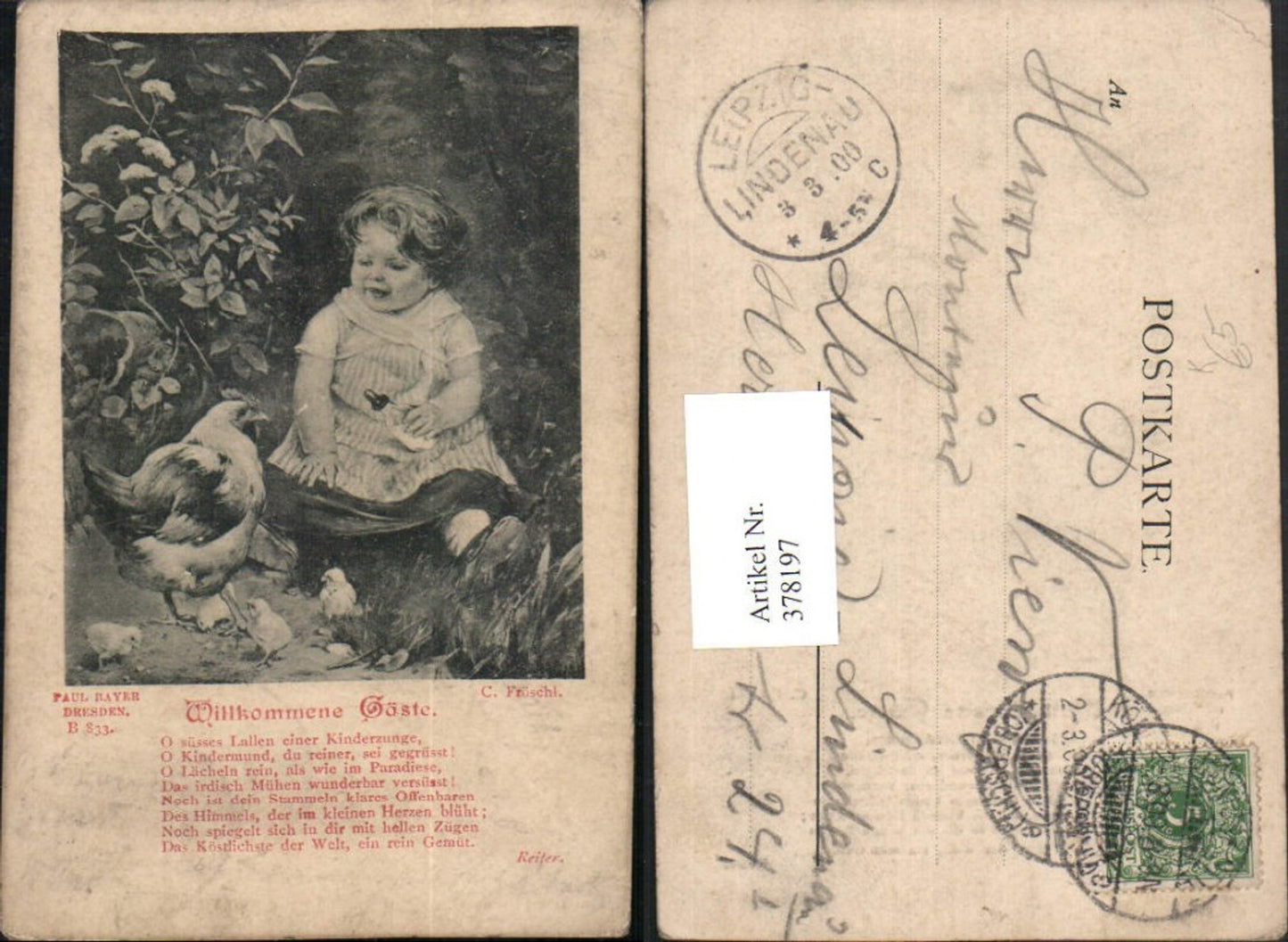 378197,Künstler AK C. Fröschl Willkommene Gäste Kind Huhn Küken pub Paul Bayer B833