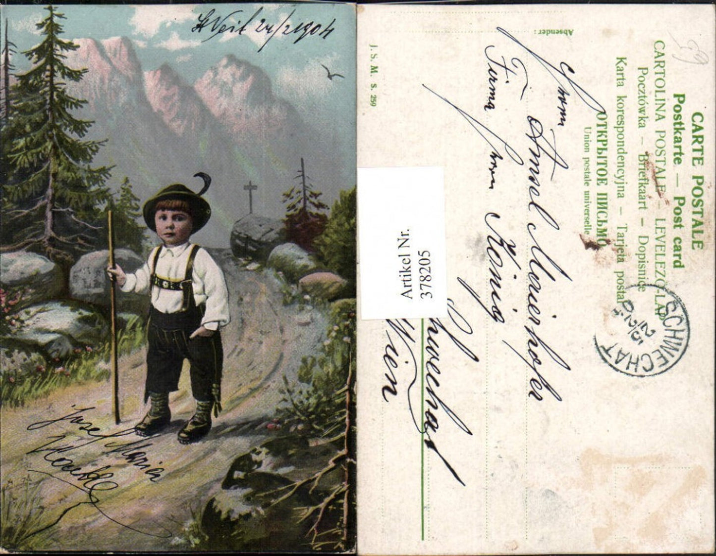 378205,Künstler AK Junge Bub in Tracht Federhut Stock Weg Bergkulisse