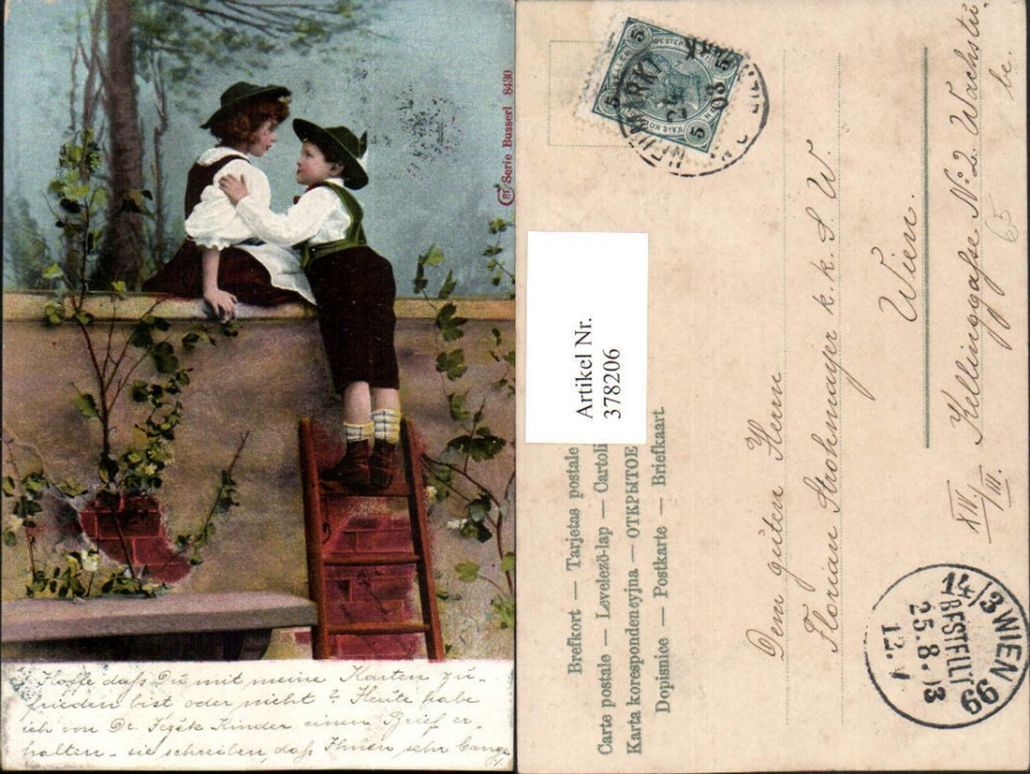378206,Kinder Liebe Paar Tracht Hüte Steinmauer Leiter