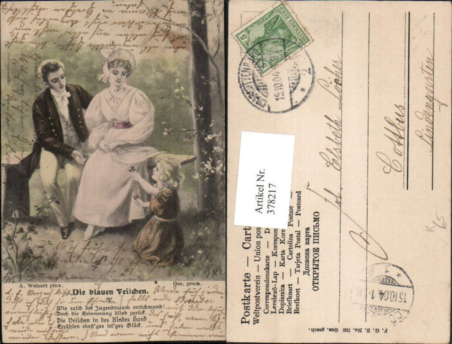 378217,Künstler AK A. Weinert Die blauen Veilchen Paar Liebe Kind Mädchen Spruch