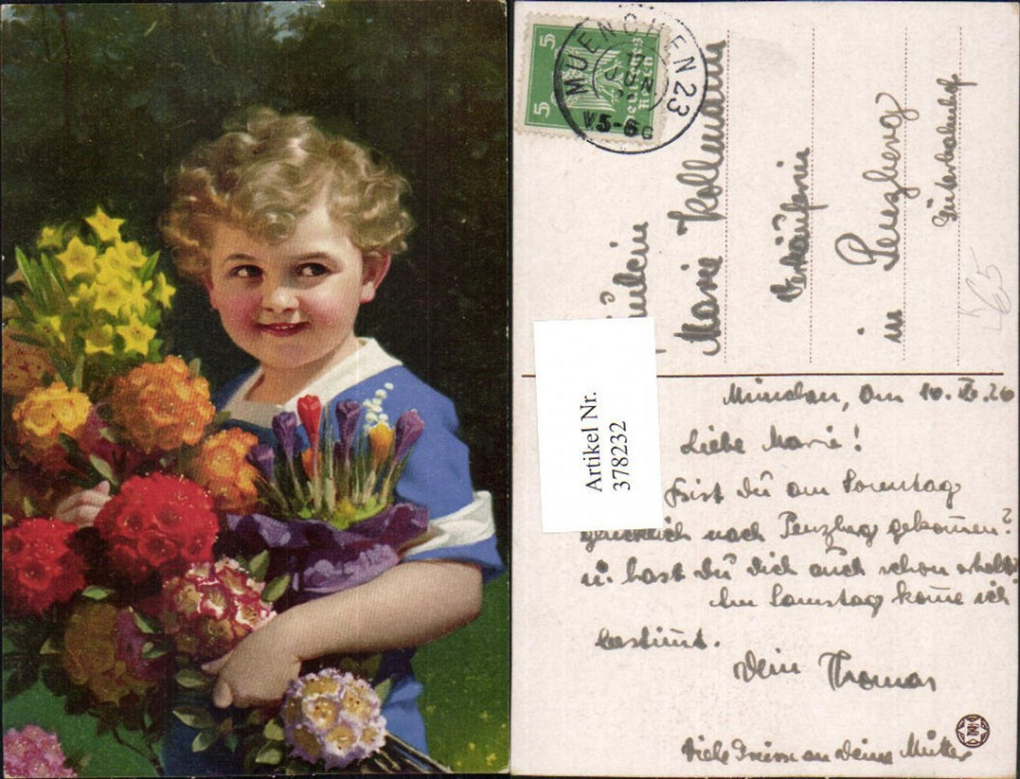 378232,Künstler Litho Kind Junge m. Blumen pub Novolito