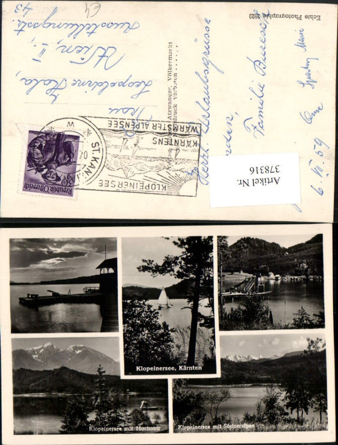 378316,Klopeinersee See b. St. Kanzian Anlegestelle Segelboot Bergkulisse Mehrbildkarte