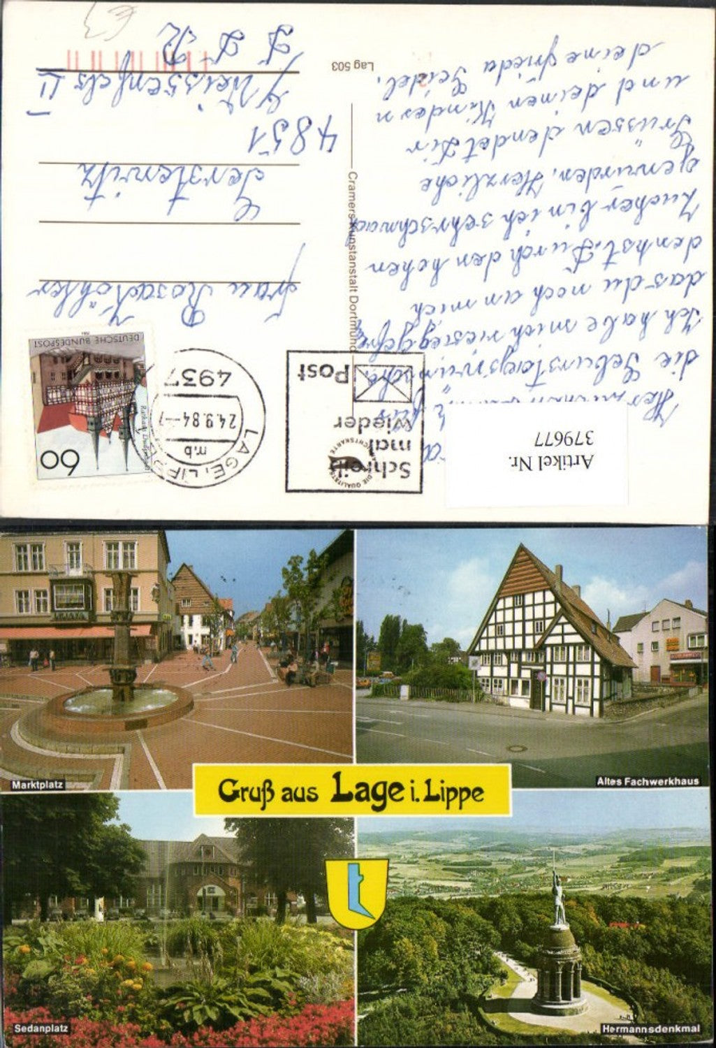 379677,Gruß aus Lage i. Lippe Marktplatz Sedanplatz Hermanns-Denkmal Mehrbildkarte