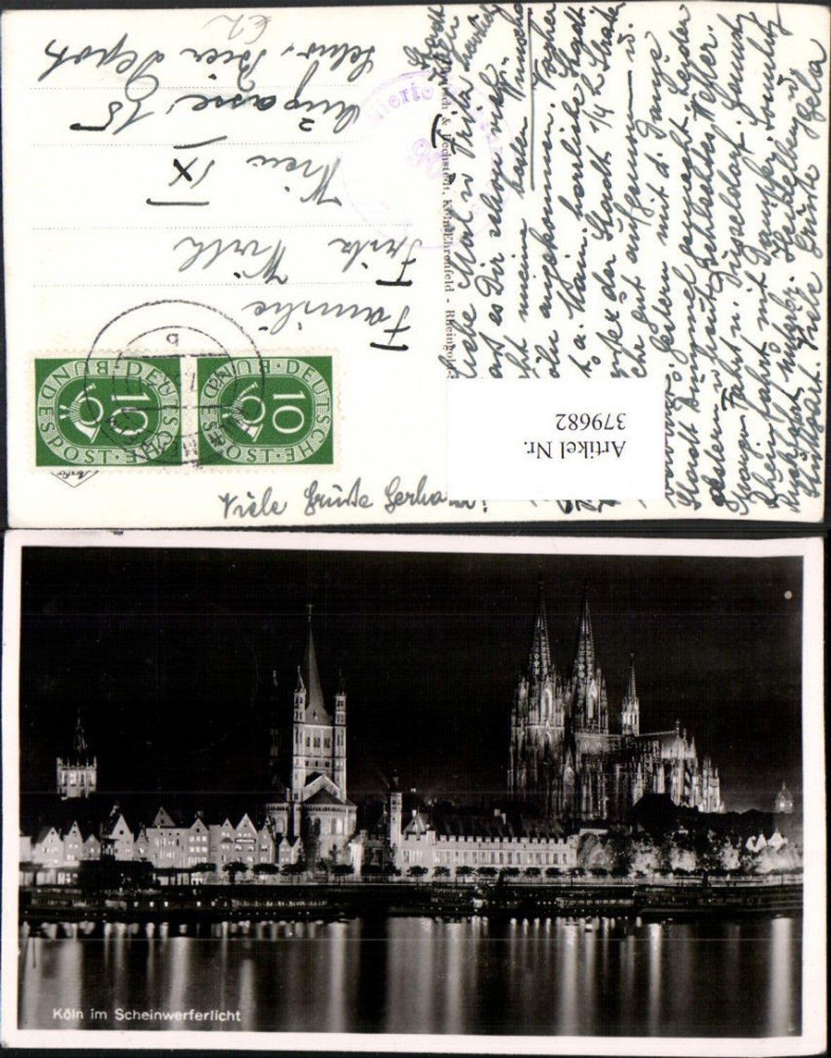 379682,Köln am Rhein b. Nacht Teilansicht Scheinwerferlicht Kirche Dom