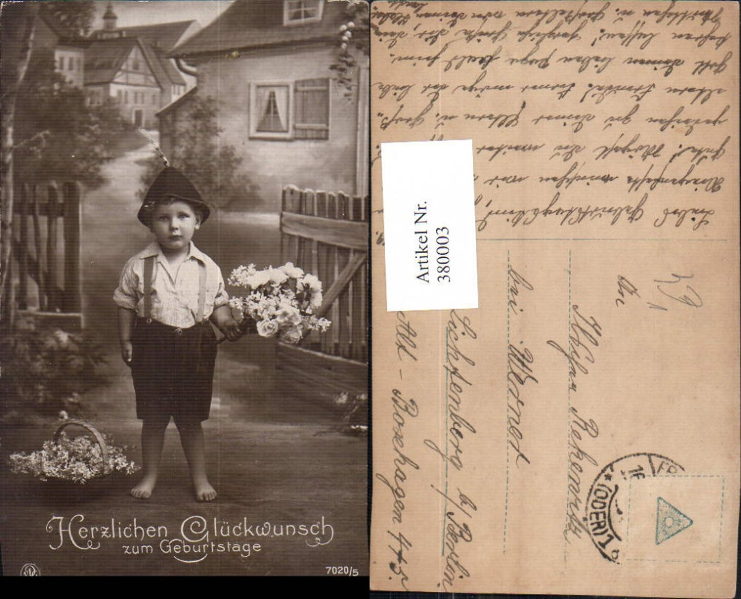 380003,Kind Junge Bub Tracht Lederhose Hut Korb Blumen Rosenstrauß pub NPG 7020/5