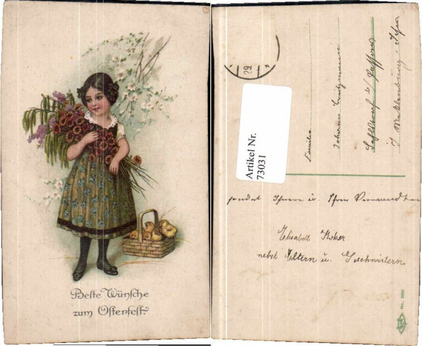 73031,Ostern Mädchen m. Küken im Korb Blumen