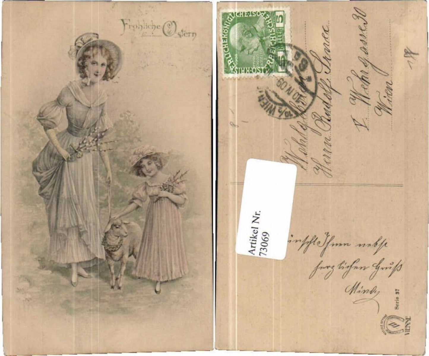 73069, Art Nouveau Vienna Woman Child Sheep Easter 1900 Hat