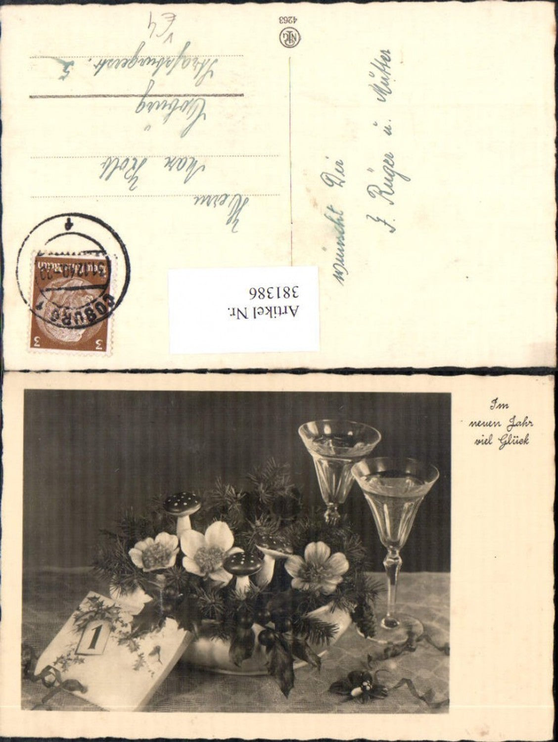 381386,Fotokunst Schale m. Tannenzweige Christrosen Pilz Fliegenpilze Sektgläser Kalenderblatt pub NPG 4263