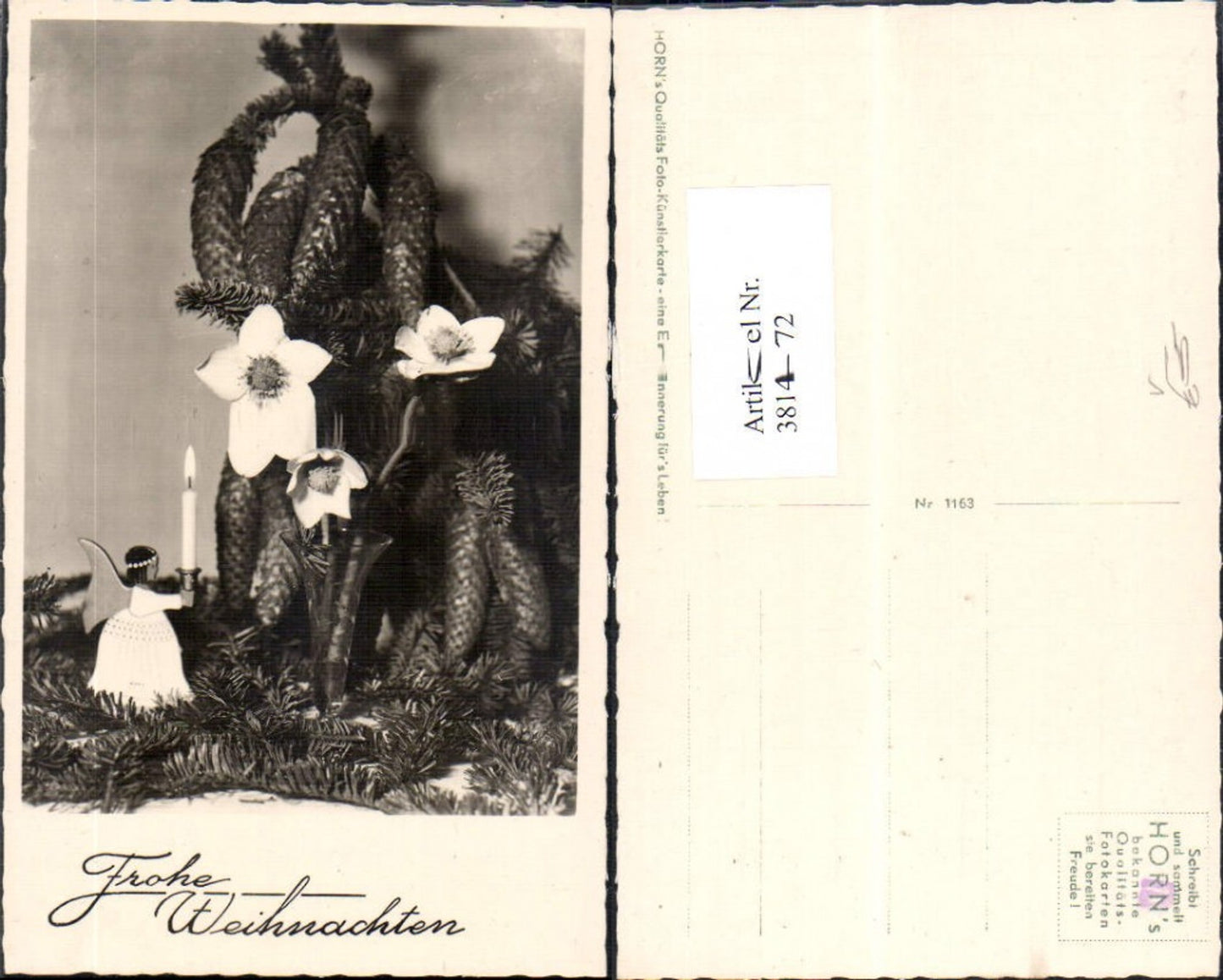 381472,Fotokunst Christrosen Blumen Tannenzweig Zapfen Engelsfigur m. Kerze pub Horn 1163