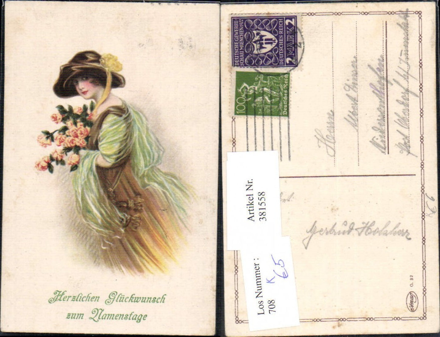 381558,Künstler Ak Frau Glamour Hut Mode Rosenstrauß