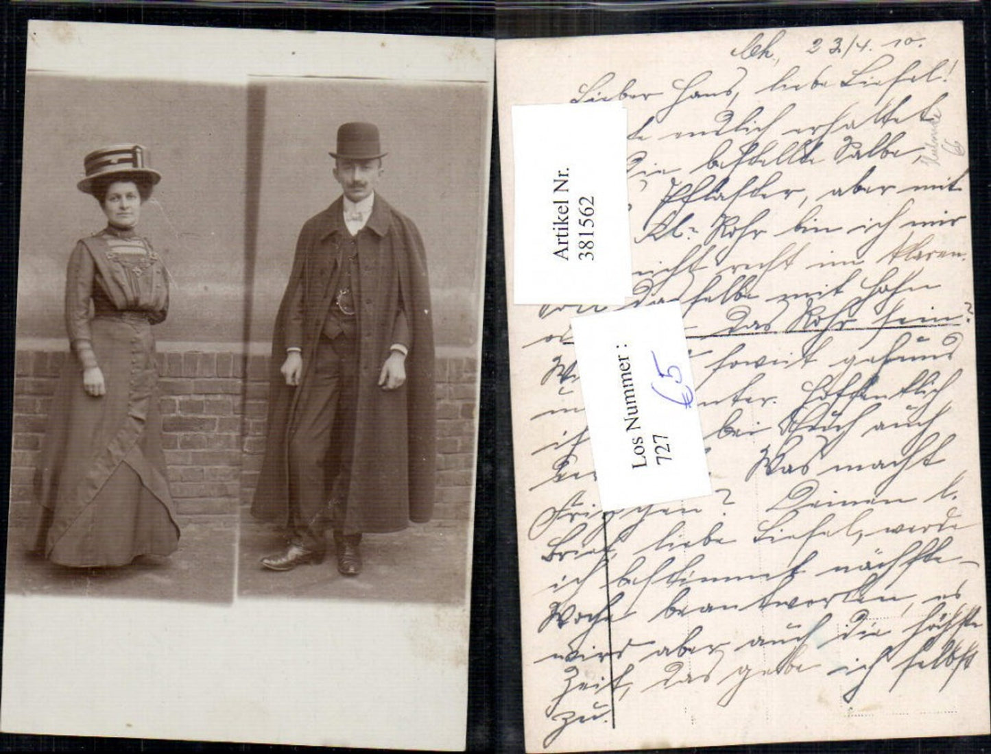 381562,Fotokarte Frau m. Hut Hutmode Mann Zylinder Mantel