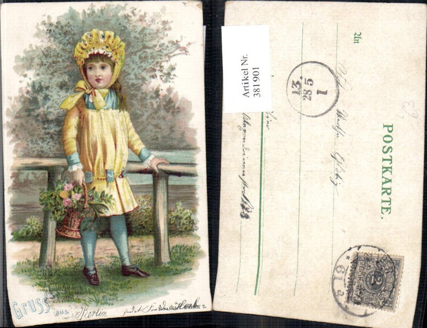 381901,Künstler Litho Kind Mädchen Kleid Haube Kopfbedeckung Korb m. Blumen