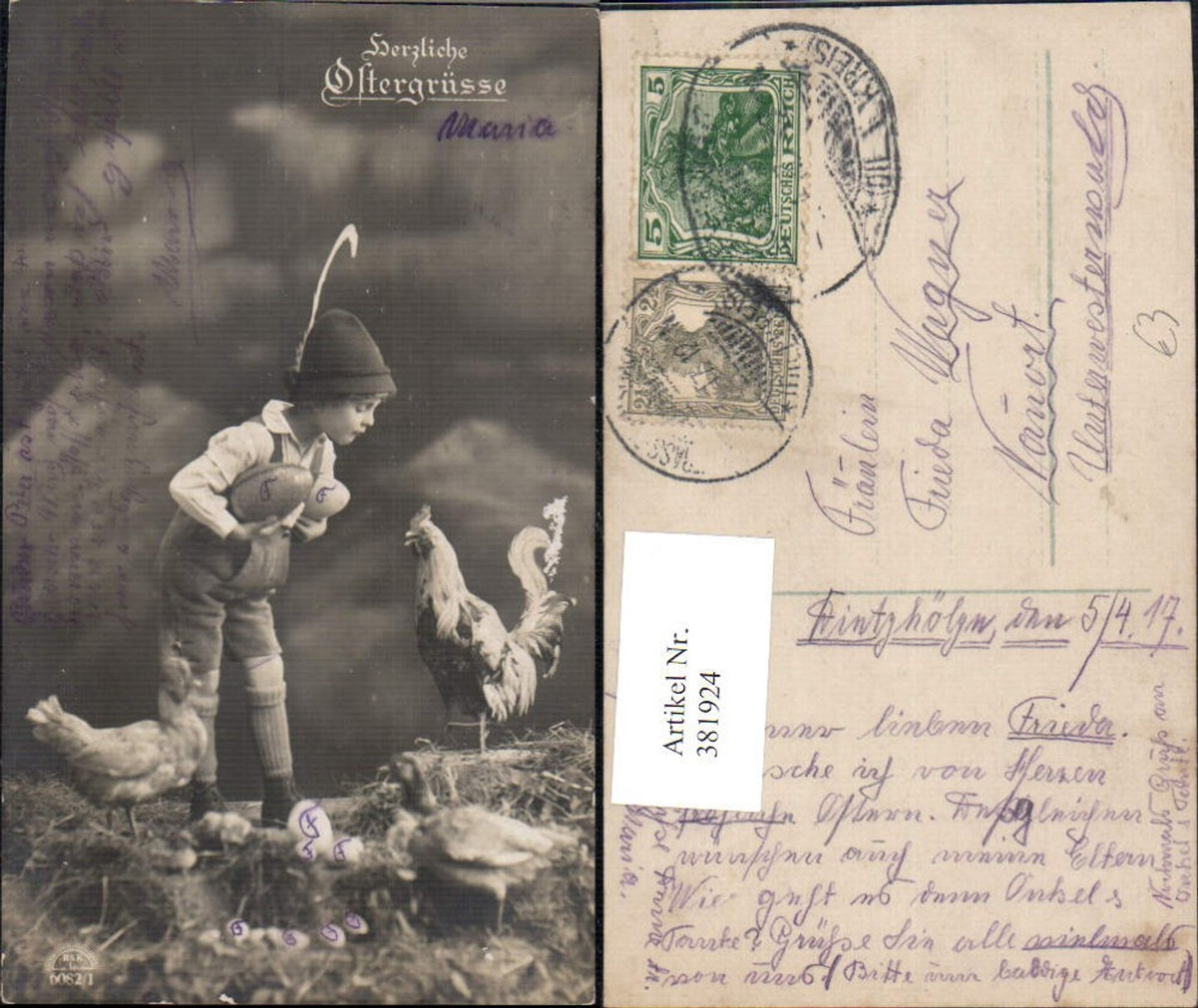 381924,Kind Bub Junge Lederhose Hut m. Hahn Hühner Ostereier