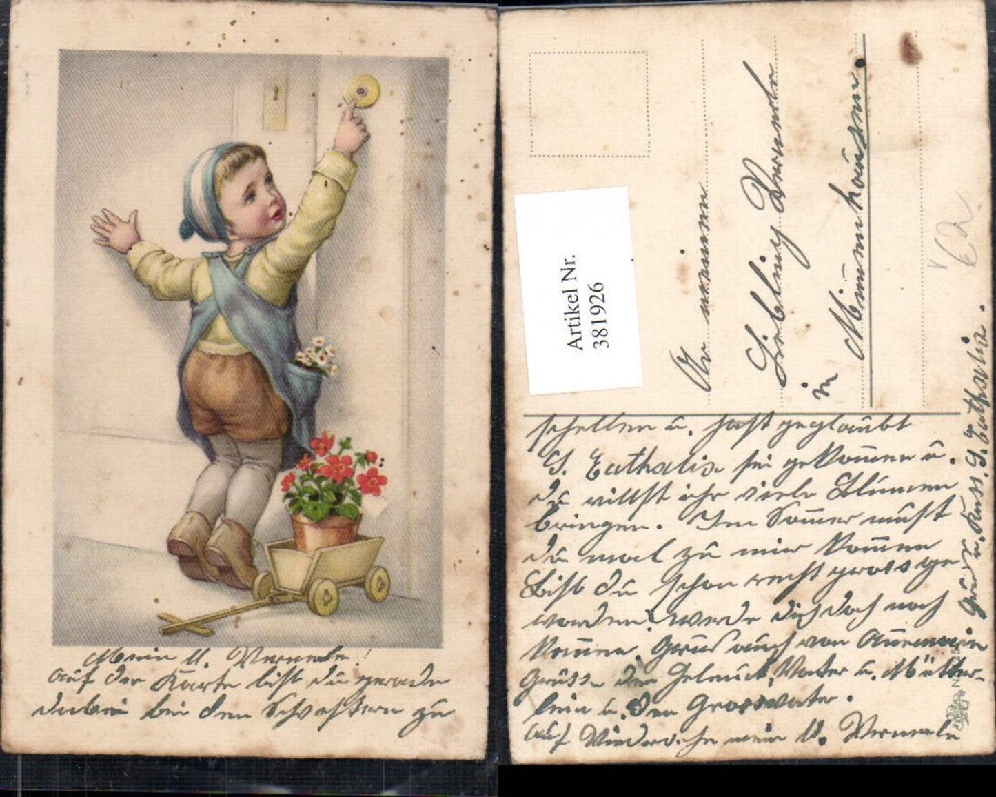 381926,Künstler Ak Kind Bub Junge klingelt a. Tür Leiterwagen Blumentopf Blume pub Erika 1257