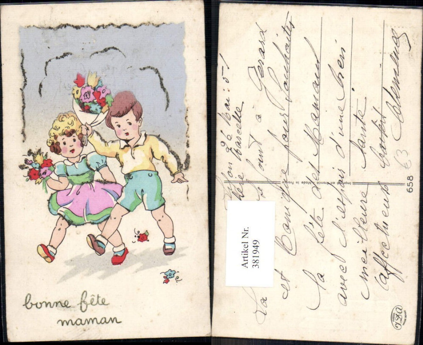 381949,Künstler Ak Kinder m. Blumen Blumenstrauß Muttertag Bonne Fete Maman Glitzerverzierung
