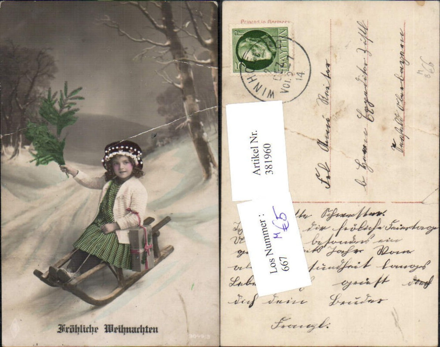 381960,Kind Mädchen auf Rodel Schlitten Tannenzweig