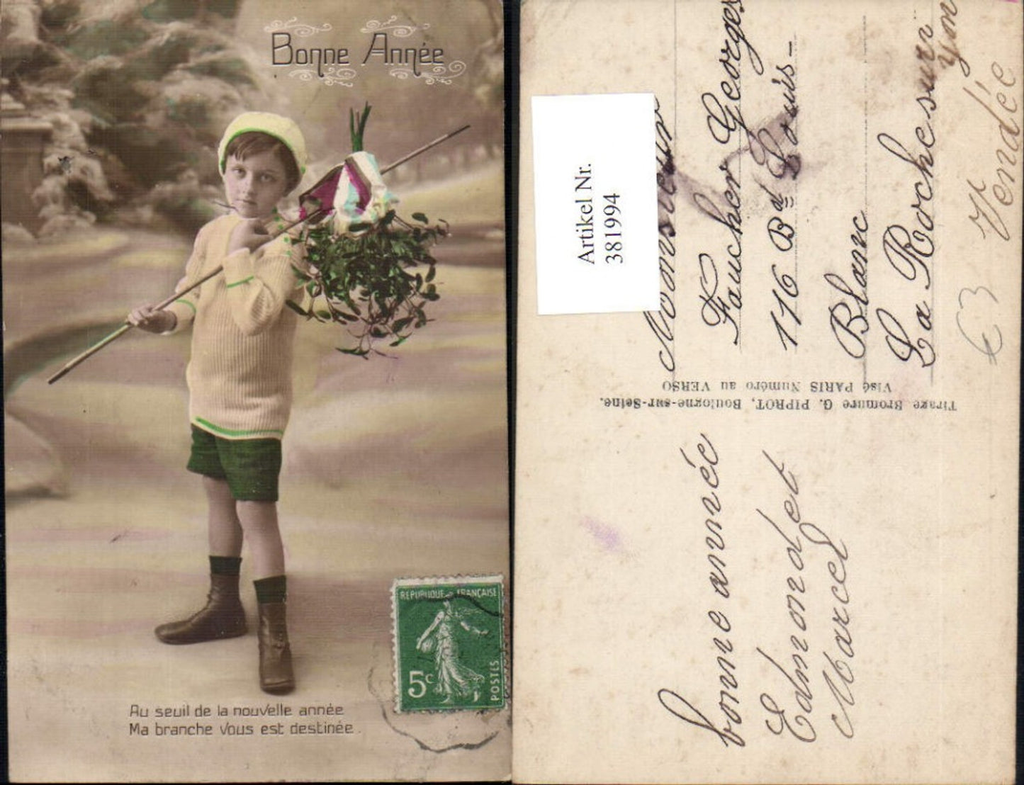 381994,Kind Bub Junge m. Misteln Schleife a. Stab gebunden Spruch