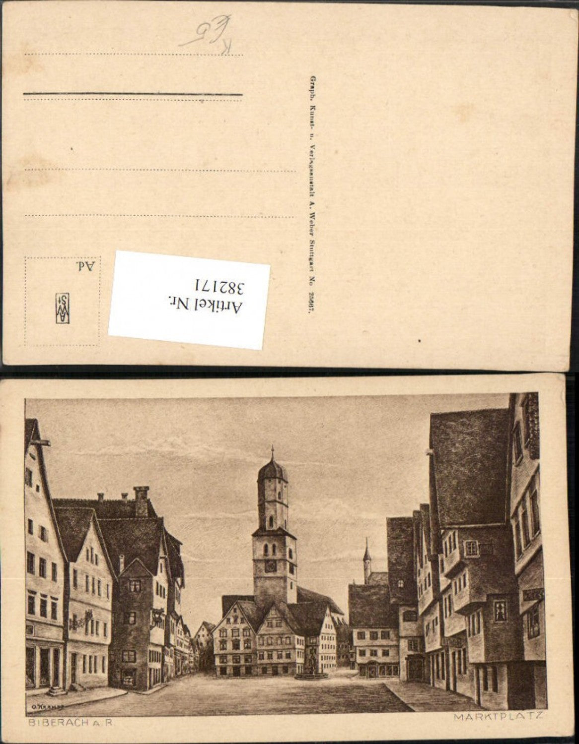 382171,Künstler AK O. Krampf Biberach an d. Riß Marktplatz Straßenansicht Kirche