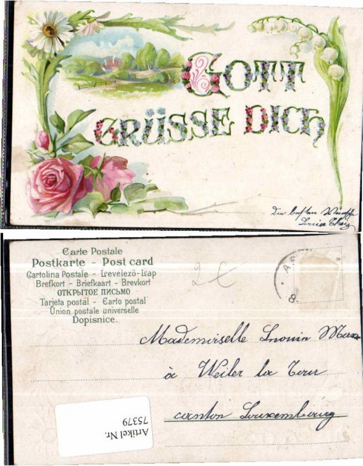 75379,Präge Litho Rosen Gott grüsst dich Gänseblümchen