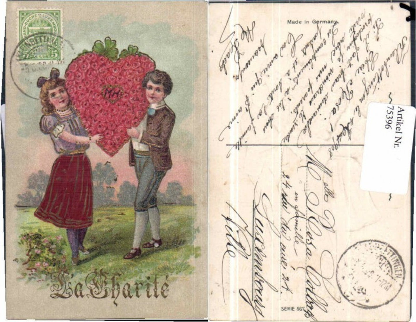 75396,Präge AK Kinder m. Herz aus Rosen