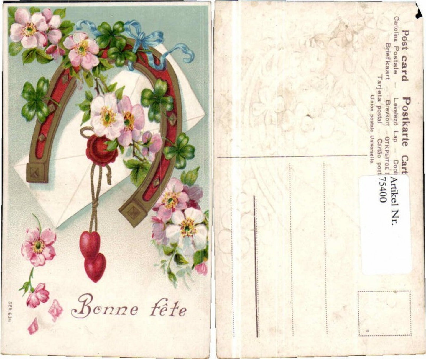 75400,Präge AK Hufeisen Rosen Blumen Brief Siegel