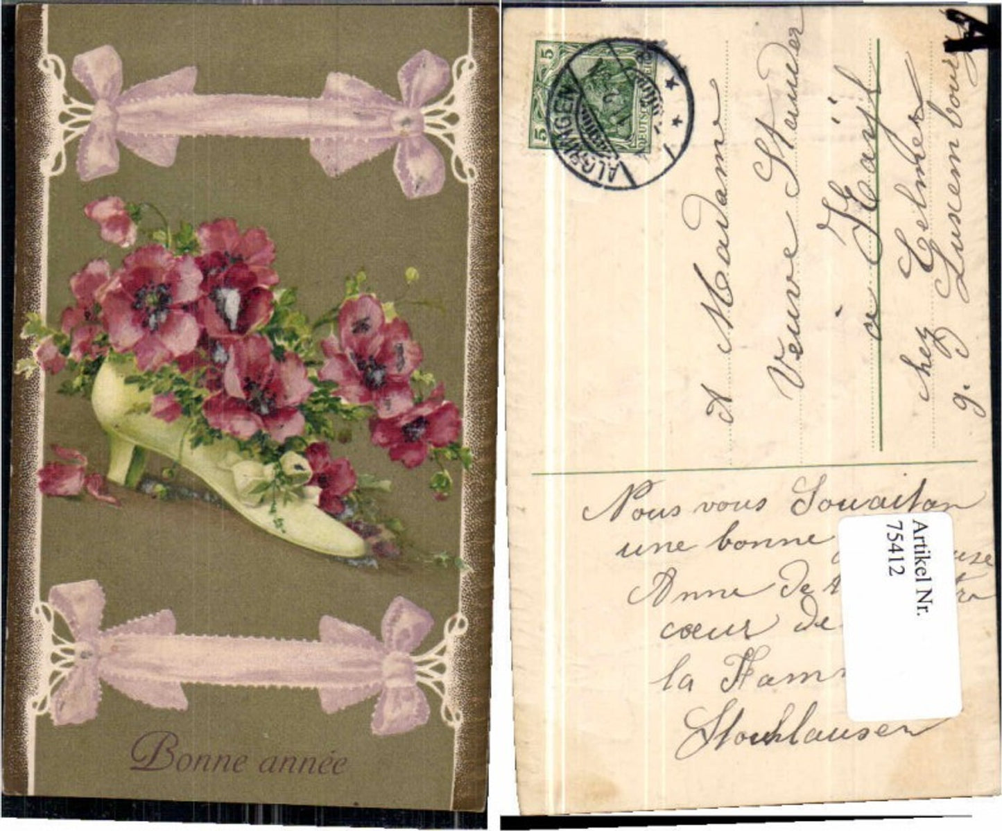 75412,Präge AK Damenschuh Schuh Rosen Blumen Verziert