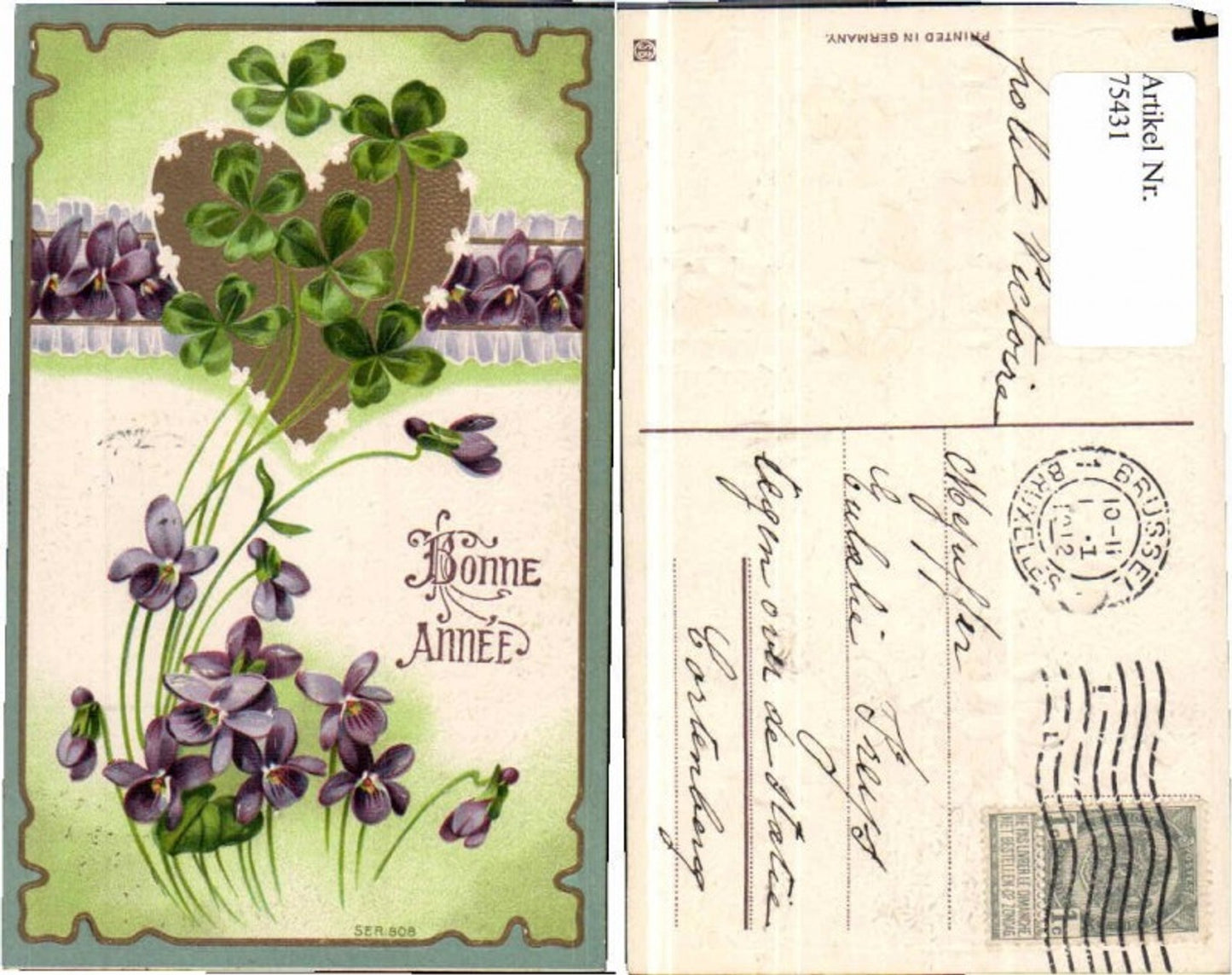 75431,Präge AK Blumen Herz Kleeblätter Veilchen Jugendstil