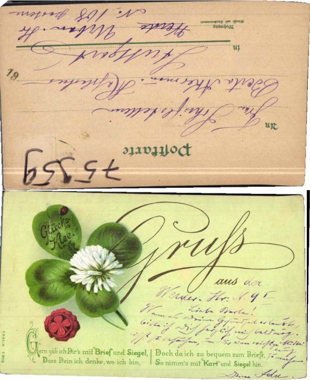 75959,Gruss aus Glücks Kleeblatt Blume Siegel 1900