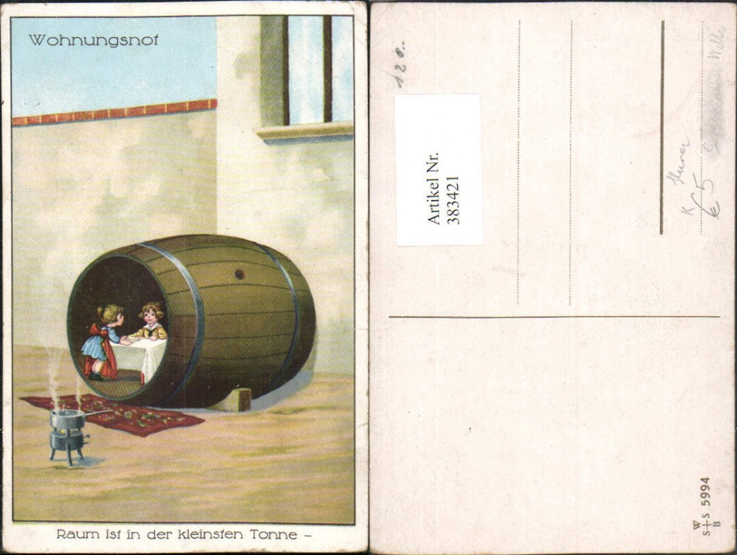 383421,Künstler AK Willi Scheuermann John Wills Humor Wohnungshof Kinder Fass