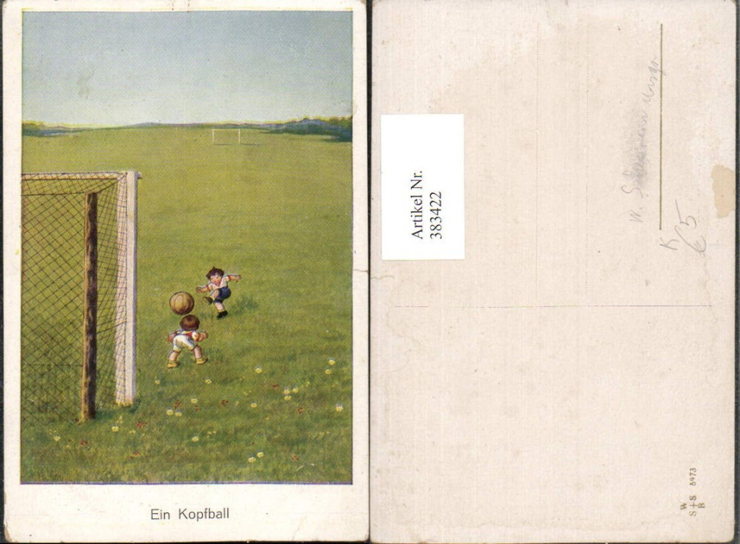 383422,Künstler AK Willi Scheuermann John Wills unsign. Kopfball Kinder Fußball Ball Tor
