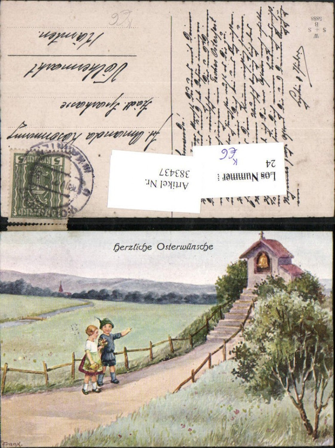 383437,Künstler AK Elly Frank Ostern Kinder Weg Kapelle Glocke