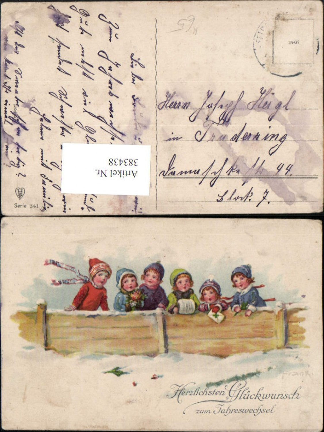 383438,Künstler AK Elly Frank Neujahr Kinder m. Hauben Holzzaun Winterbild