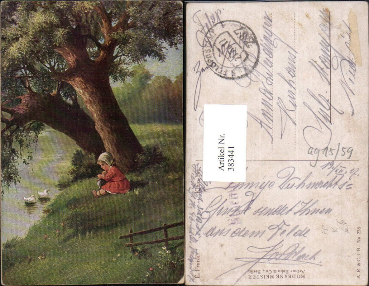 383441,Künstler AK Elly Frank Klein Ilse Mädchen m. Puppe Ufer Enten Feldpost Nr. 287
