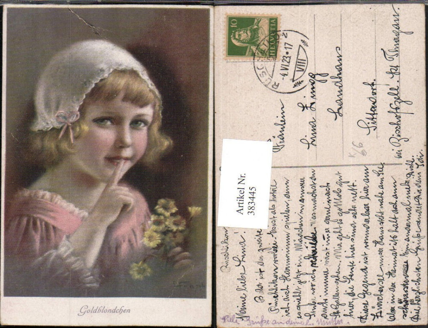 383445,Künstler AK Elly Frank Goldblondchen Mädchen m. Häubchen Portrait