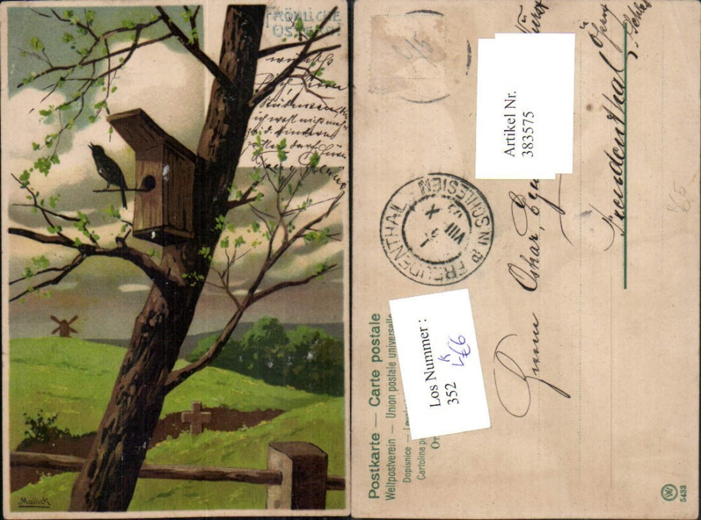 383575,Künstler Litho Alfred Mailick Ostern Vogelhaus Vogel Landschaft Windmühle