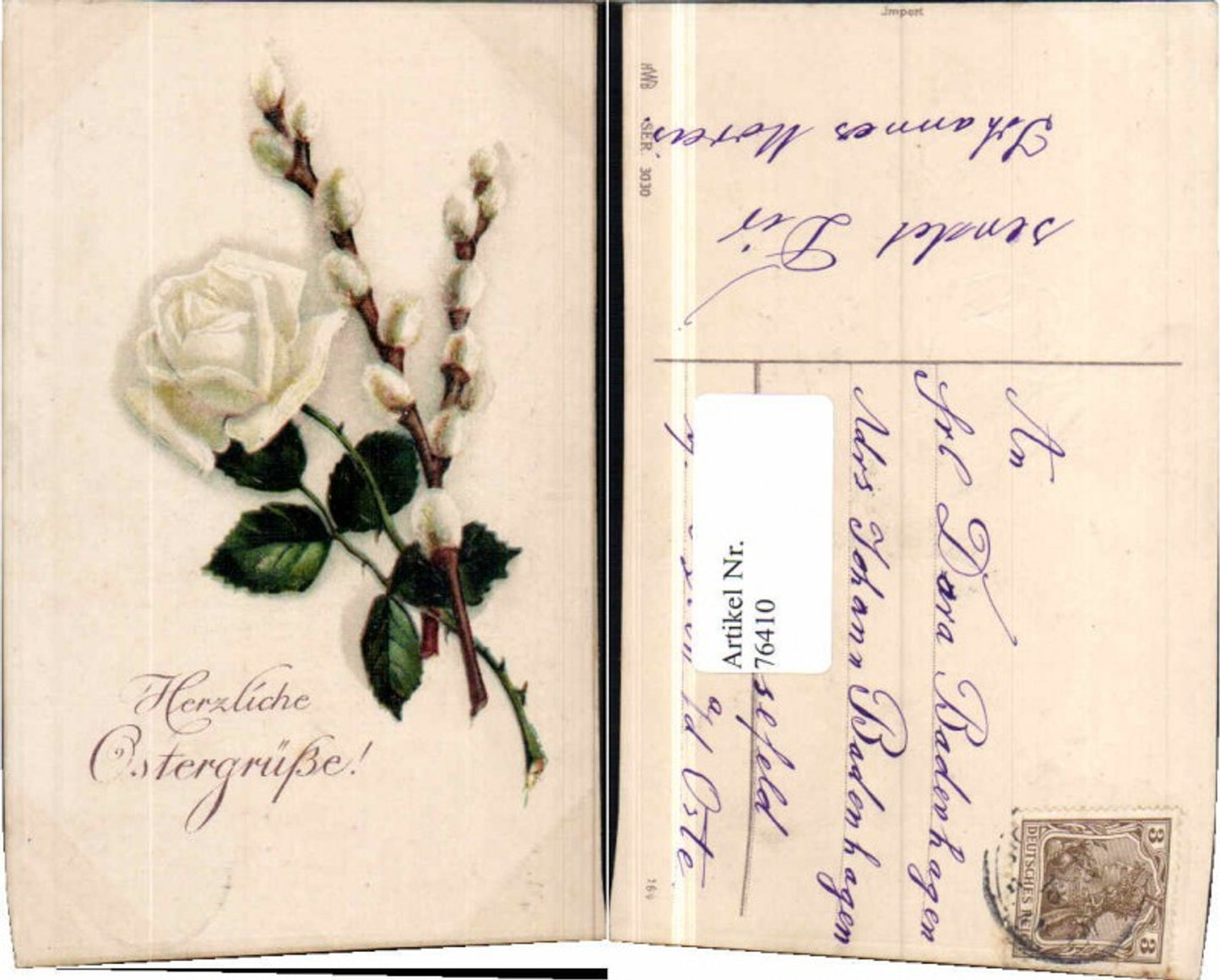 76410,Präge AK Ostern Palmkätzchen Weisse Rose Blumen