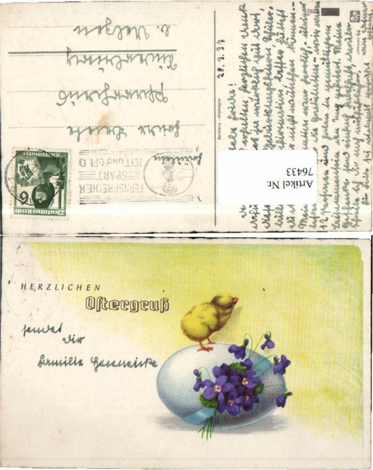 76433,Ostern Küken auf Osterei Blumen Veilchen