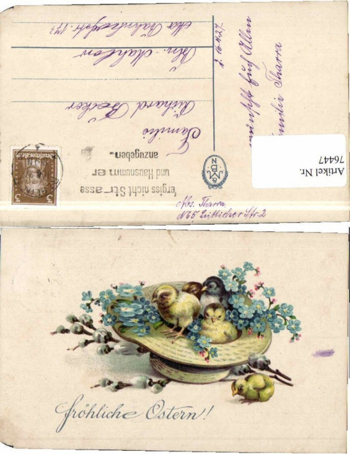 76447,Ostern Küken im Hut Blumen Palmkätzchen