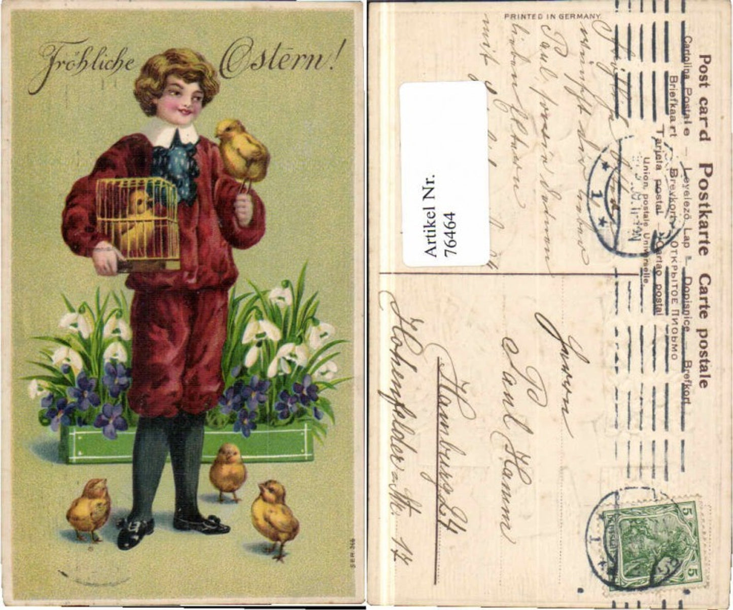 76464,Präge AK Ostern Junge m. Küken Käfig Blumen