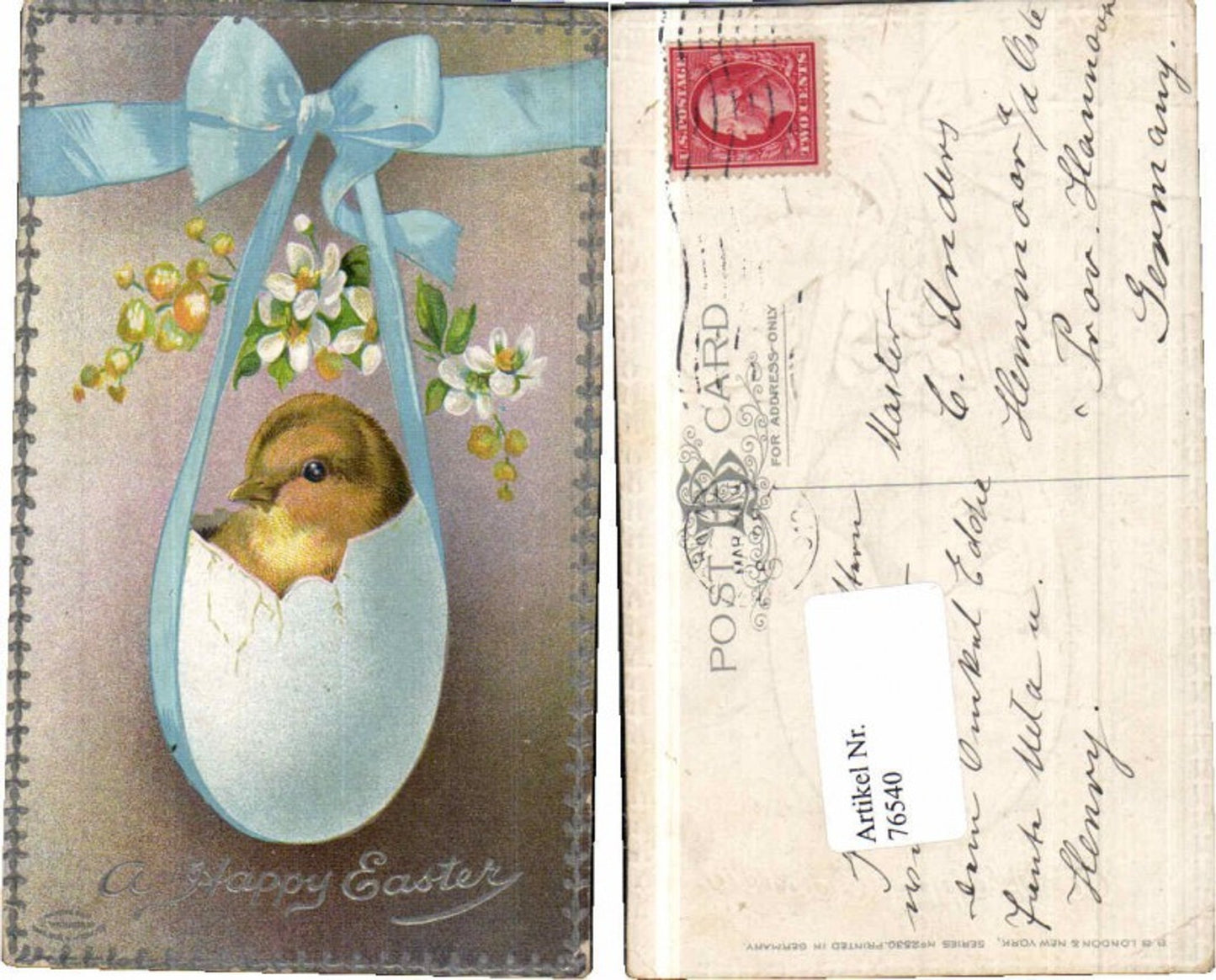 76540,Präge AK Ostern Küken im Osterei Blumen